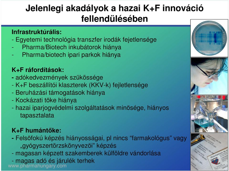 fejletlensége - Beruházási támogatások hiánya - Kockázati tőke hiánya - hazai iparjogvédelmi szolgáltatások minősége, hiányos tapasztalata K+F