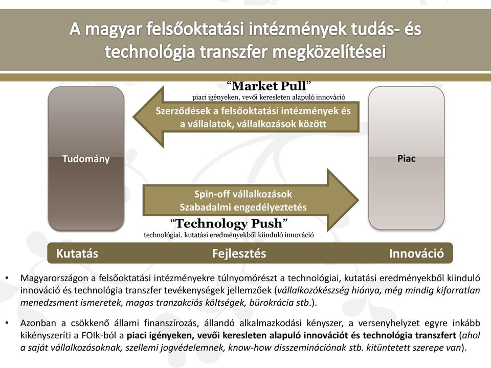 kutatási eredményekből kiinduló innováció és technológia transzfer tevékenységek jellemzőek (vállalkozókészség hiánya, még mindig kiforratlan menedzsment ismeretek, magas tranzakciós költségek,