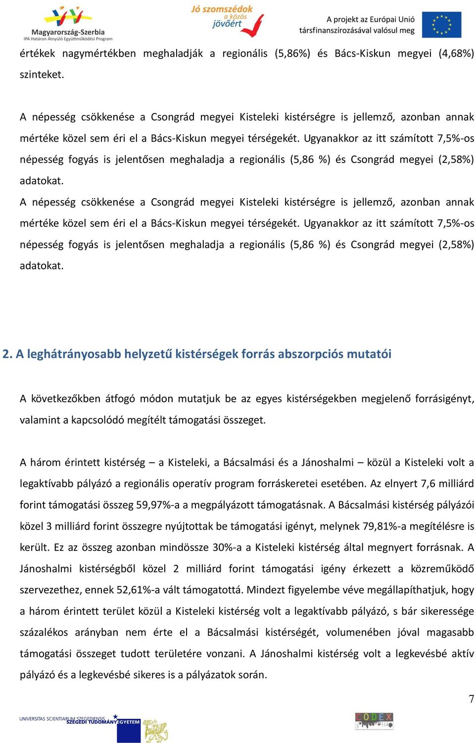 Ugyanakkor az itt számított 7,5%-os népesség fogyás is jelentősen meghaladja a regionális (5,86 %) és Csongrád megyei (2,58%) adatokat.