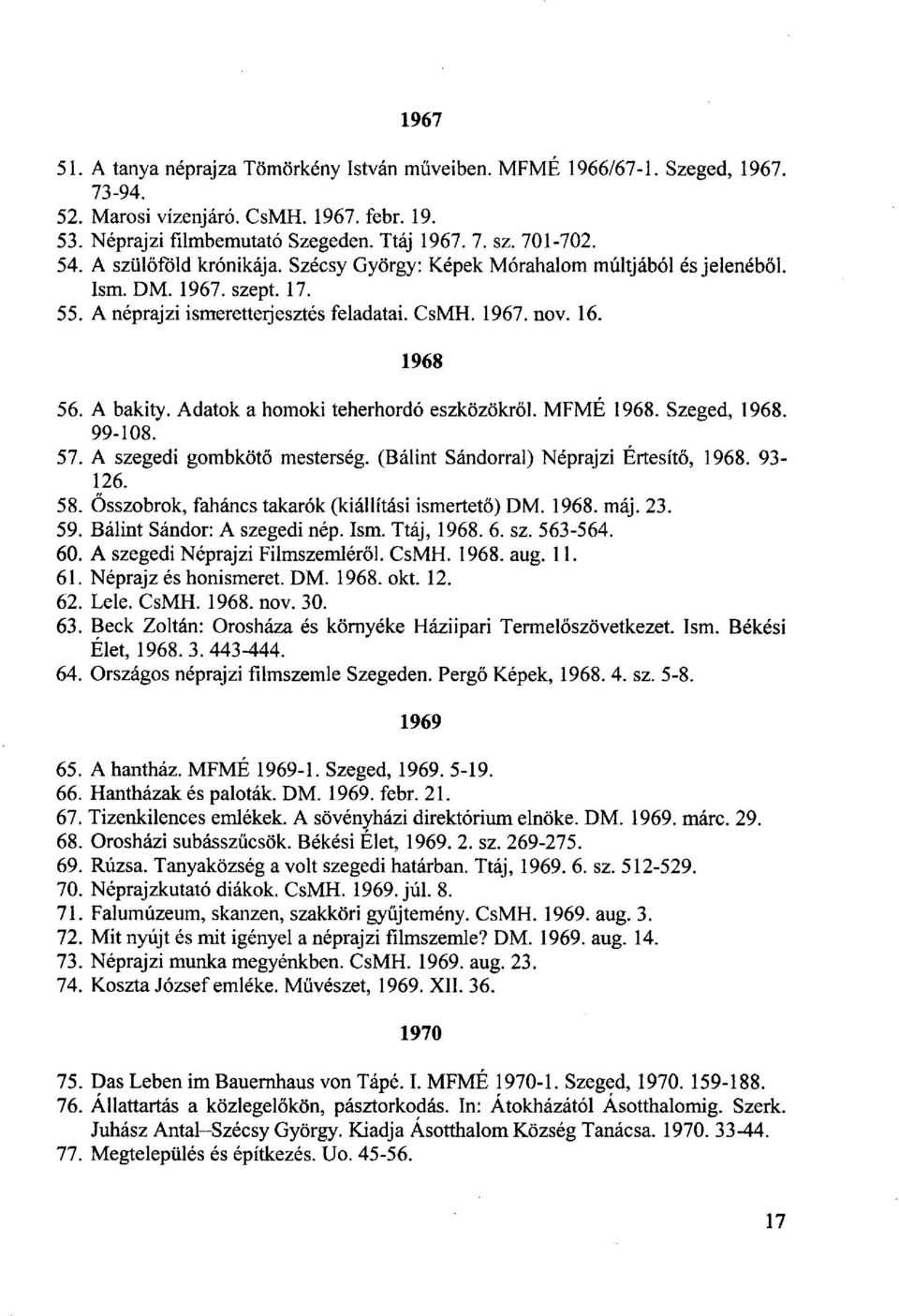 Adatok a homoki teherhordó eszközökről. MFMÉ 1968. Szeged, 1968. 99-108. 57. A szegedi gombkötő mesterség. (Bálint Sándorral) Néprajzi Értesítő, 1968. 93-126. 58.