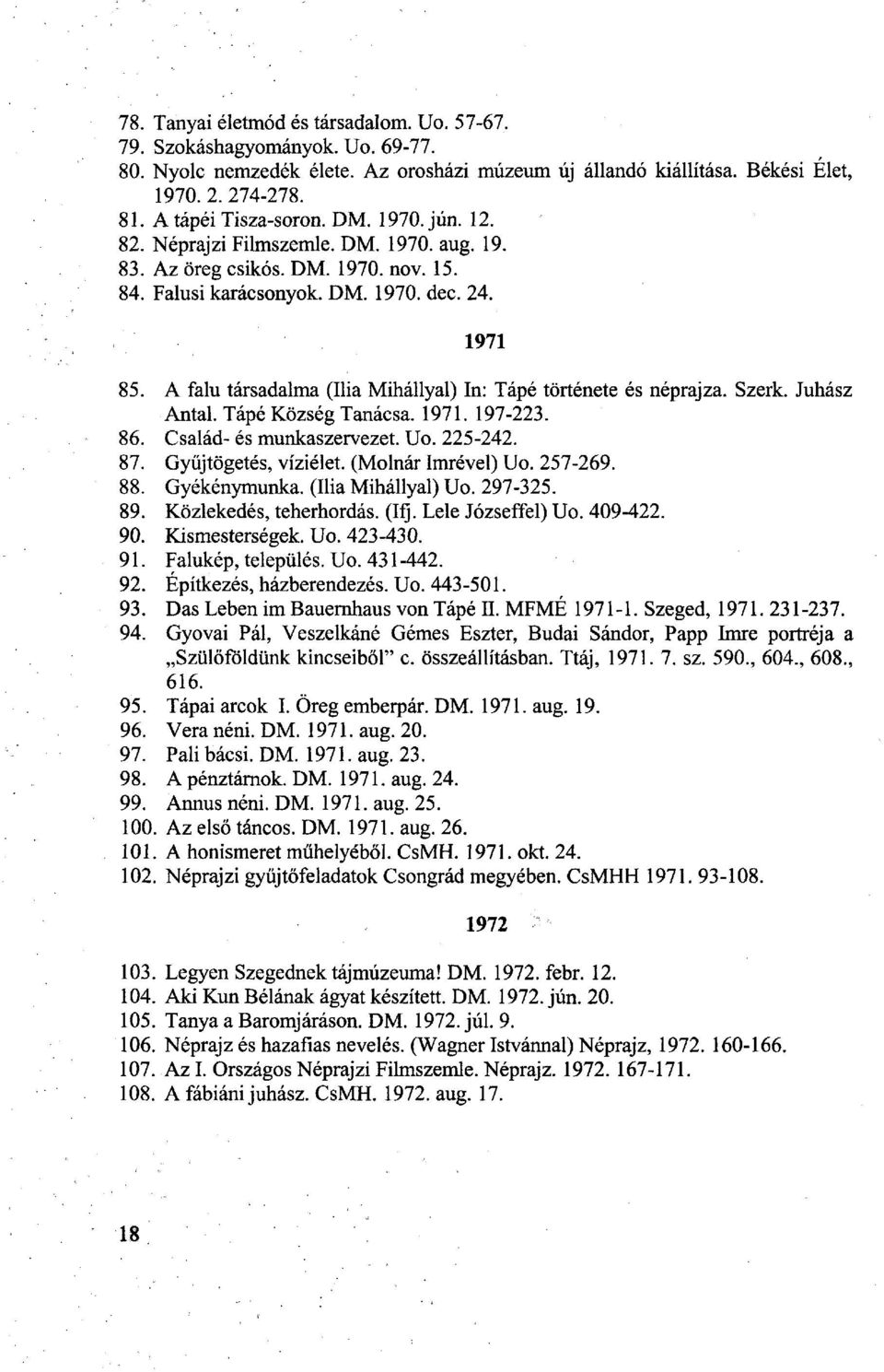 A falu társadalma (Ilia Mihállyal) In: Tápé története és néprajza. Szerk. Juhász Antal. Tápé Község Tanácsa. 1971. 197-223. 86. Család- és munkaszervezet. Uo. 225-242. 87. Gyűjtögetés, víziélet.