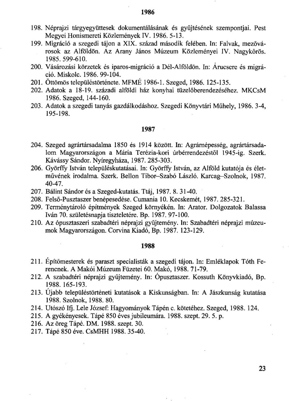 1986. 99-104. 201. Öttömös településtörténete. MFMÉ 1986-1. Szeged, 1986. 125-135. 202. Adatok a 18-19. századi alföldi ház konyhai tüzelőberendezéséhez. MKCsM 1986. Szeged, 144-160. 203.