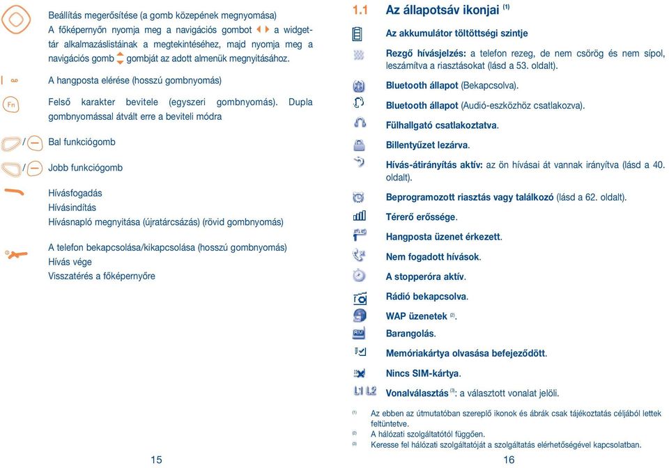 Dupla gombnyomással átvált erre a beviteli módra / Bal funkciógomb / Jobb funkciógomb Hívásfogadás Hívásindítás Hívásnapló megnyitása (újratárcsázás) (rövid gombnyomás) A telefon