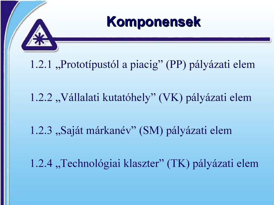 2 Vállalati kutatóhely (VK) pályázati elem 1.2.3 Saját márkanév (SM) pályázati elem 1.