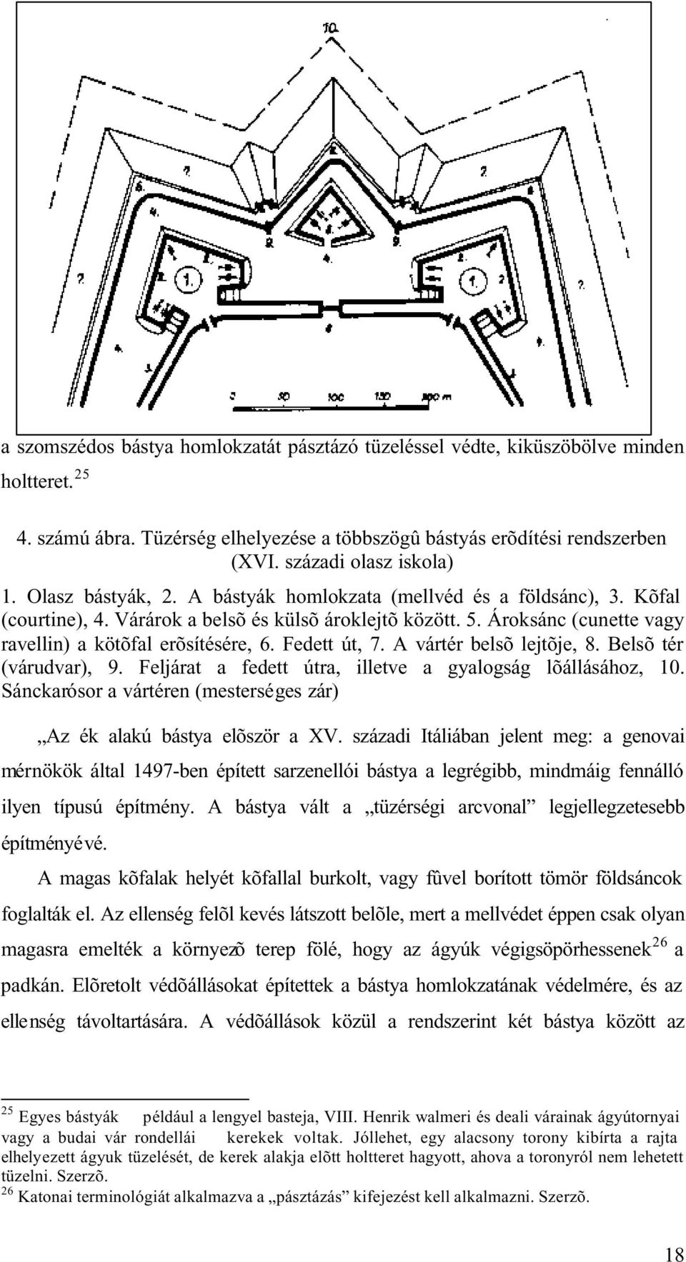 Ároksánc (cunette vagy ravellin) a kötõfal erõsítésére, 6. Fedett út, 7. A vártér belsõ lejtõje, 8. Belsõ tér (várudvar), 9. Feljárat a fedett útra, illetve a gyalogság lõállásához, 10.