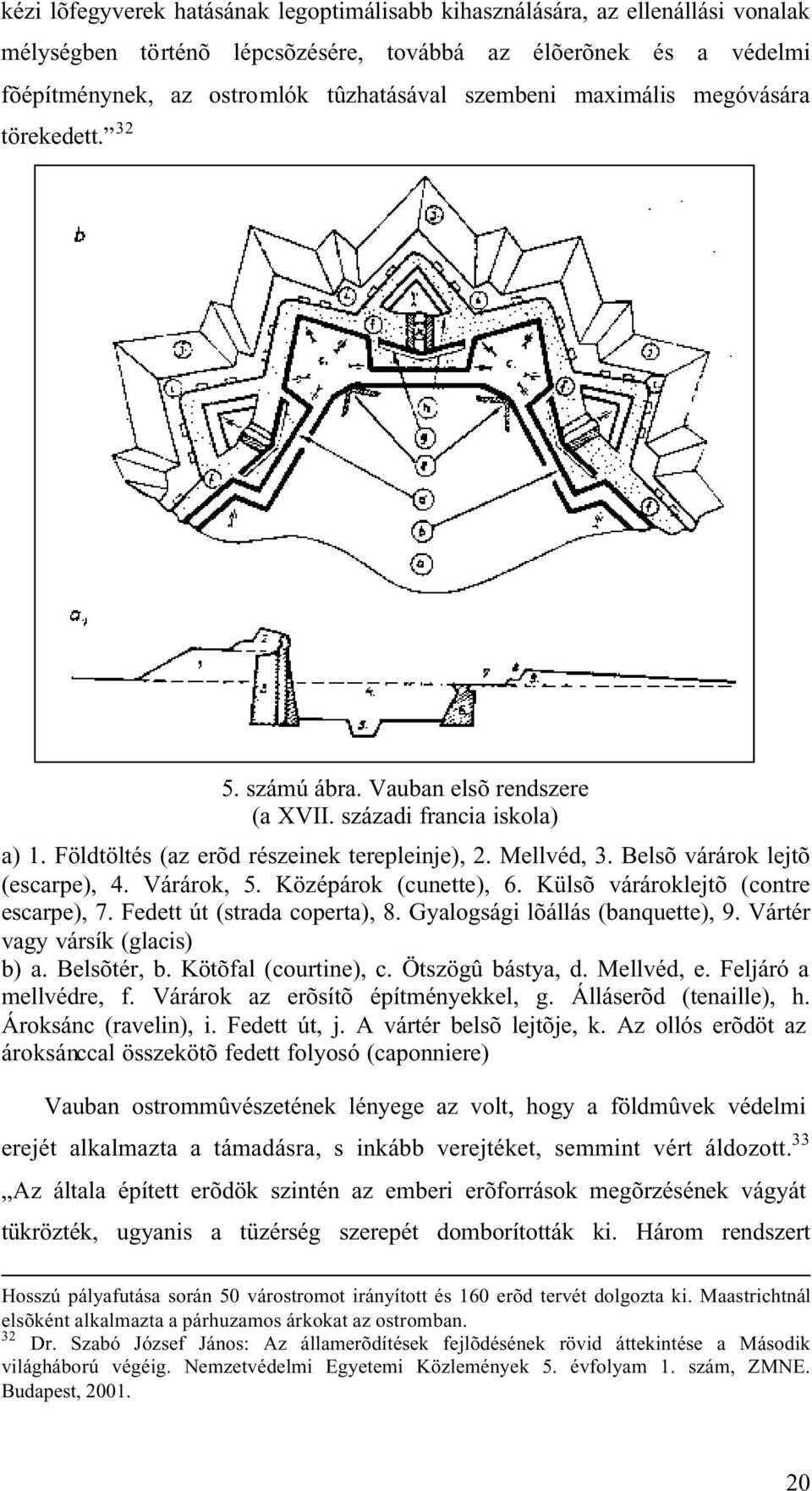 Belsõ várárok lejtõ (escarpe), 4. Várárok, 5. Középárok (cunette), 6. Külsõ várároklejtõ (contre escarpe), 7. Fedett út (strada coperta), 8. Gyalogsági lõállás (banquette), 9.