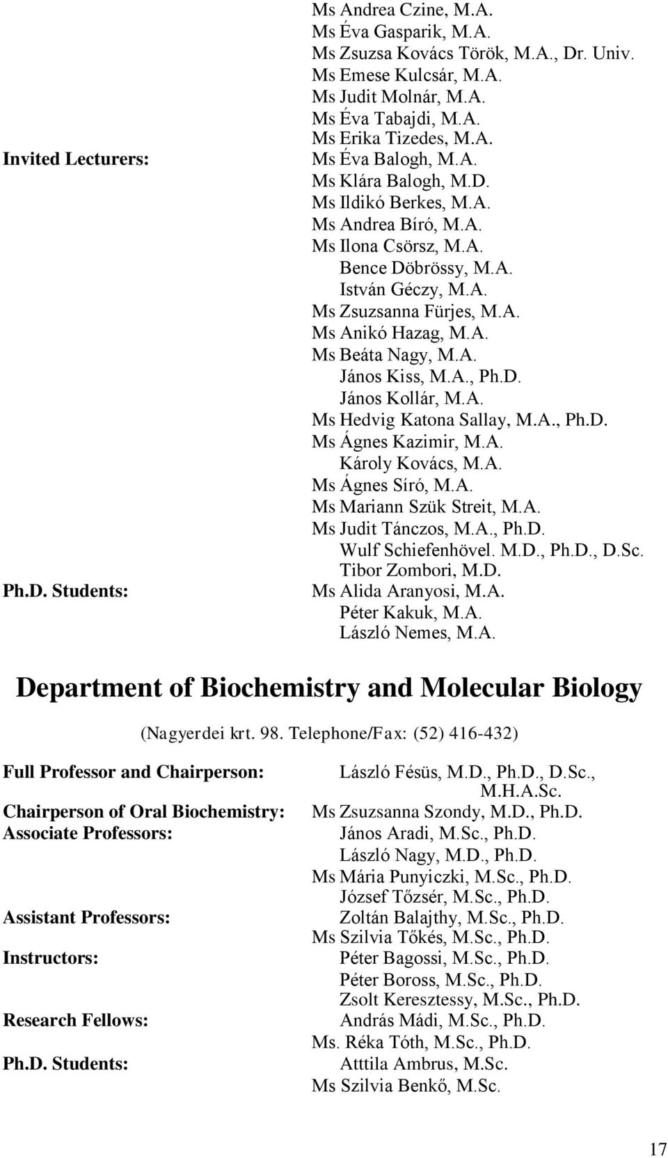 A. János Kiss, M.A., Ph.D. János Kollár, M.A. Ms Hedvig Katona Sallay, M.A., Ph.D. Ms Ágnes Kazimir, M.A. Károly Kovács, M.A. Ms Ágnes Síró, M.A. Ms Mariann Szük Streit, M.A. Ms Judit Tánczos, M.A., Ph.D. Wulf Schiefenhövel.