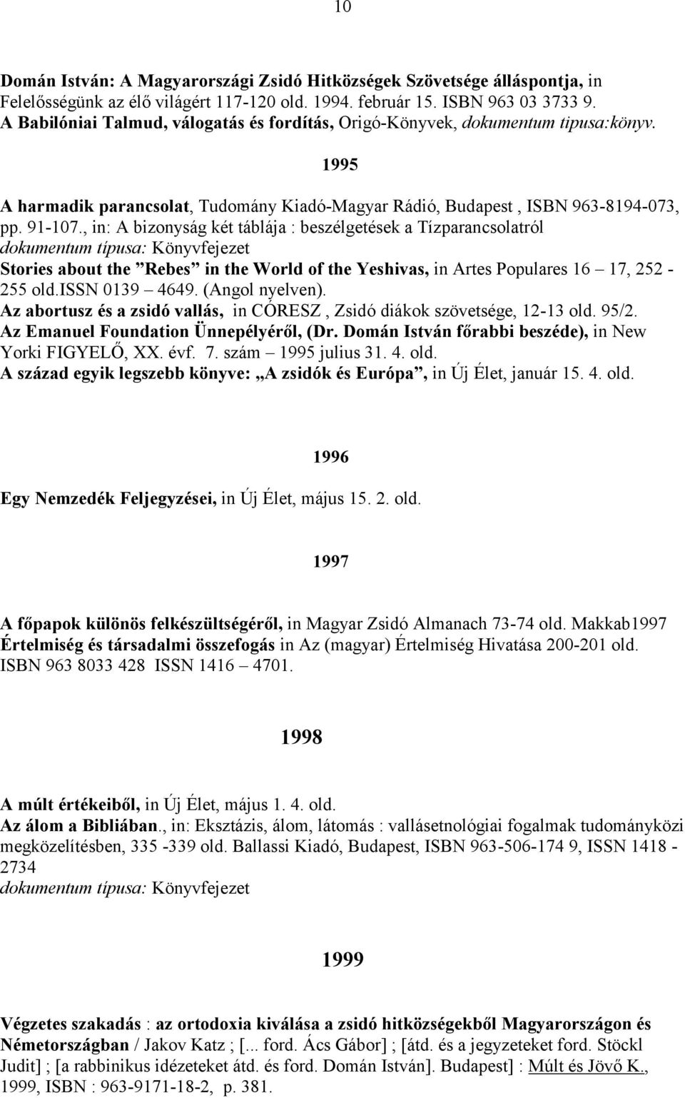 , in: A bizonyság két táblája : beszélgetések a Tízparancsolatról dokumentum típusa: Könyvfejezet Stories about the Rebes in the World of the Yeshivas, in Artes Populares 16 17, 252-255 old.