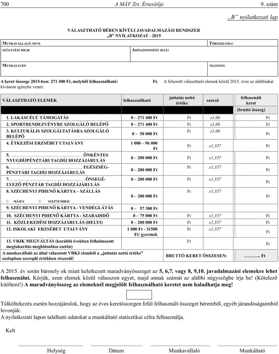 2015-ben: 271 400 Ft, melybôl felhasználható: Ft. A felsorolt választható elemek közül 2015.