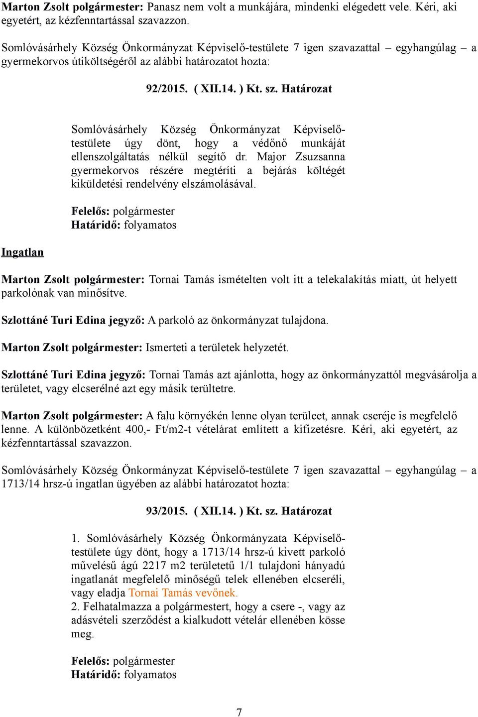 vazattal egyhangúlag a gyermekorvos útiköltségéről az alábbi határozatot hozta: 92/2015. ( XII.14. ) Kt. sz.