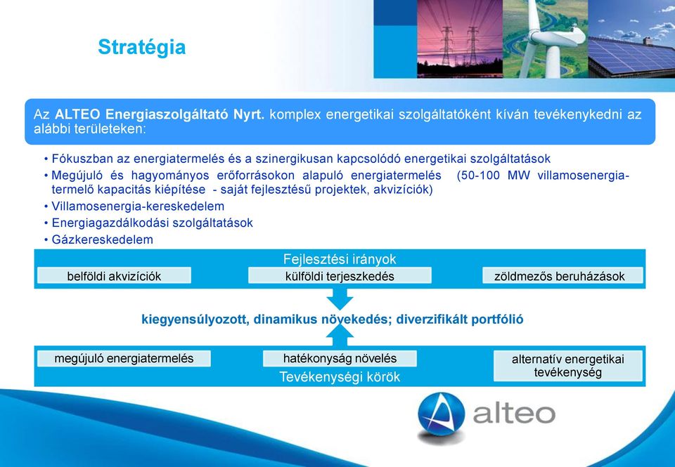 és hagyományos erőforrásokon alapuló energiatermelés (50-100 MW villamosenergiatermelő kapacitás kiépítése - saját fejlesztésű projektek, akvizíciók)