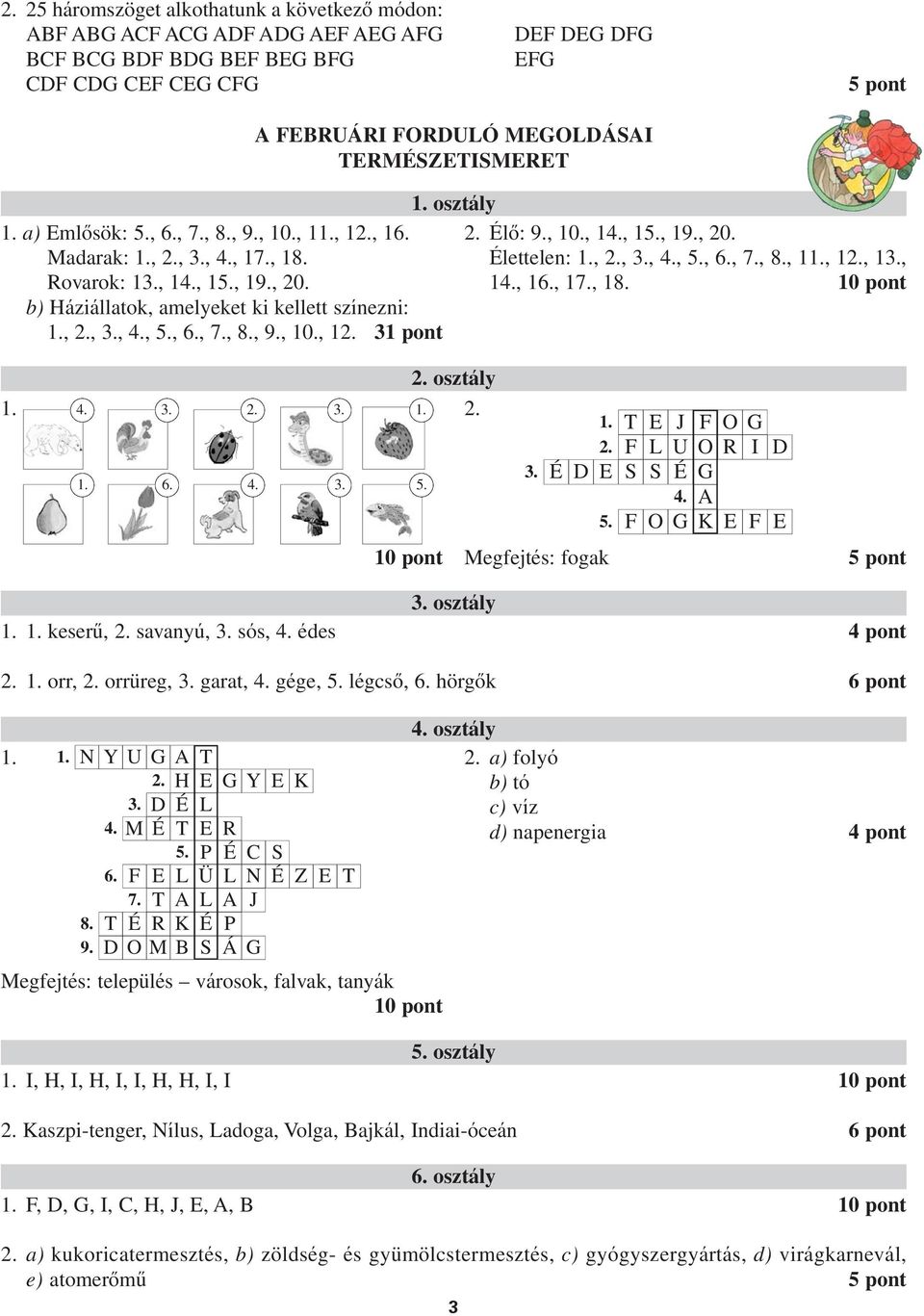 ,, 7., 8., 1, 1, 1, 1, 1, 17., 18. 10 pont osztály 5. T E J F O F U O R I D D E S S 5. F O E F E 10 pont Megfejtés: fogak osztály keserû, savanyú, sós, édes 4 pont orr, orrüreg, garat, gége, 5.