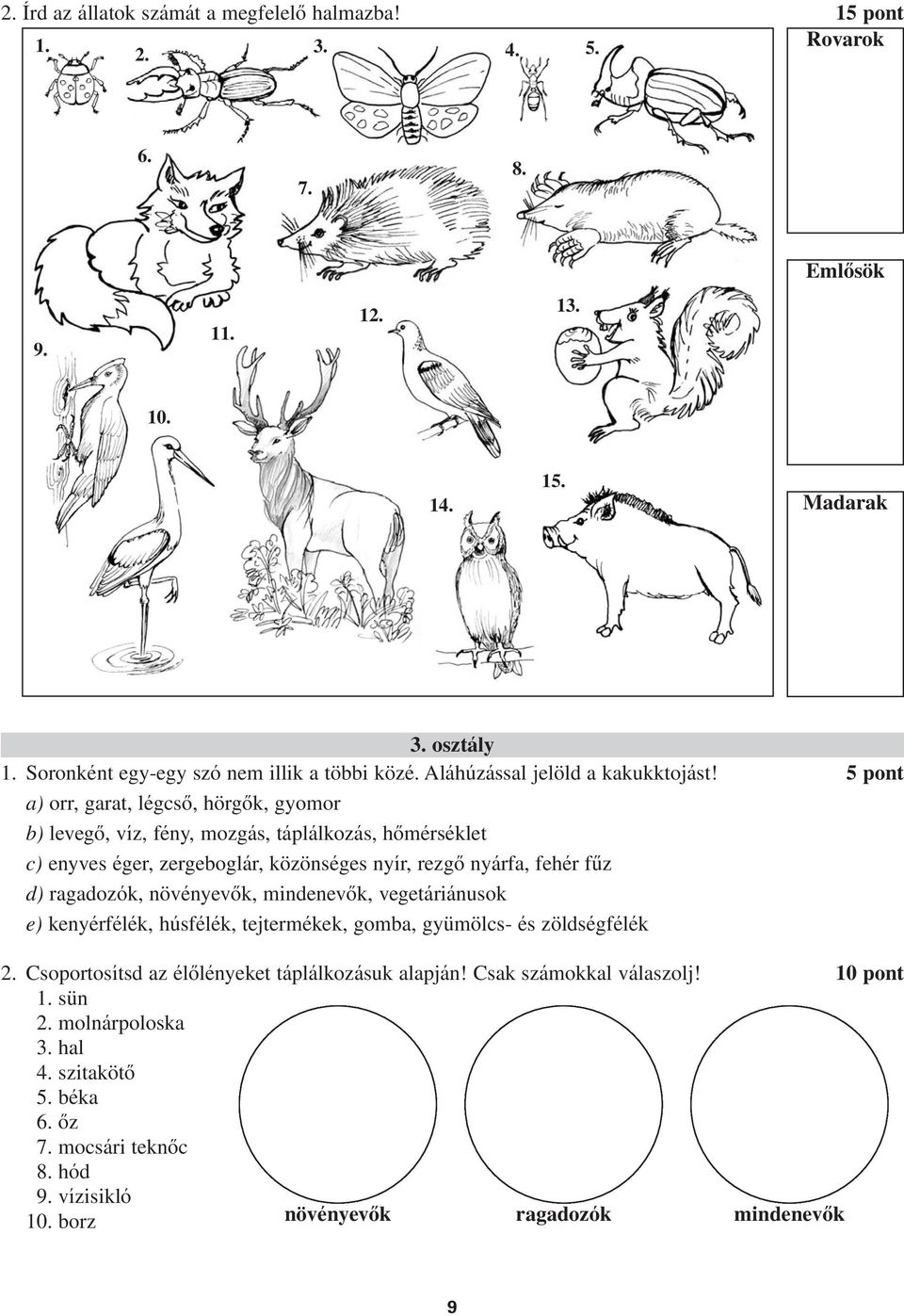 a) orr, garat, légcsô, hörgôk, gyomor b) levegô, víz, fény, mozgás, táplálkozás, hômérséklet c) enyves éger, zergeboglár, közönséges nyír, rezgô nyárfa, fehér fûz d)