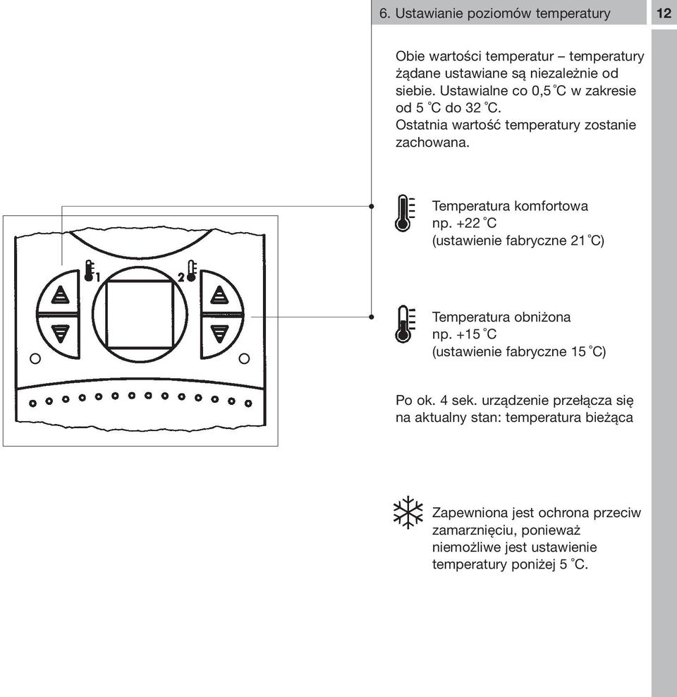 +22 C (ustawienie fabryczne 21 C) Temperatura obniżona np. +15 C (ustawienie fabryczne 15 C) Po ok. 4 sek.