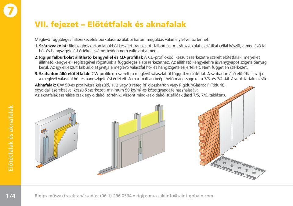 Rigips falburkolat állítható kengyellel és CD-profillal: A CD-profilokból készült szerkezetre szerelt elôtétfalak, melyeket állítható kengyelek segítségével rögzítünk a függôleges alapszerkezethez.