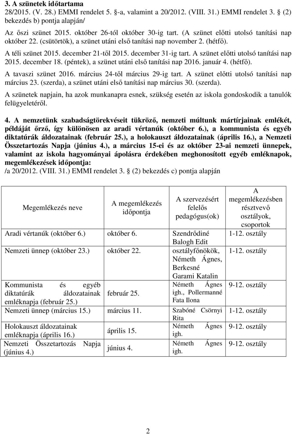 A szünet előtti utolsó tanítási nap 2015. december 18. (péntek), a szünet utáni első tanítási nap 2016. január 4. (hétfő). A tavaszi szünet 2016. március 24-től március 29-ig tart.