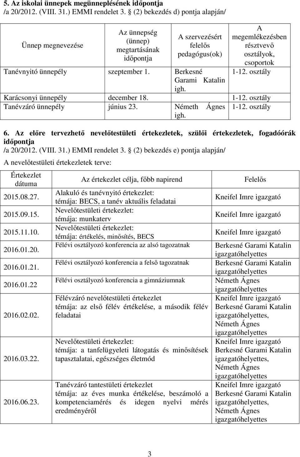 Berkesné Garami Katalin A megemlékezésben résztvevő osztályok, csoportok 1-12. osztály Karácsonyi ünnepély december 18. 1-12. osztály Tanévzáró ünnepély június 23. 1-12. osztály 6.