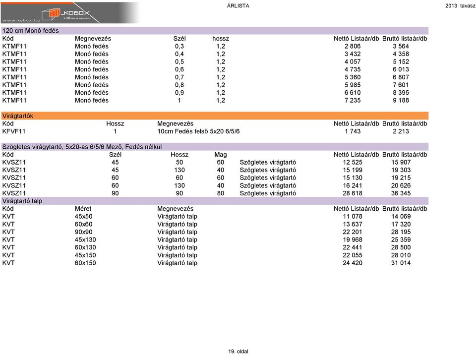Hossz Megnevezés Nettó Listaár/db Bruttó listaár/db KFVF11 1 10cm Fedés felső 5x20 6/5/6 1 743 2 213 Szögletes virágytartó, 5x20-as 6/5/6 Mező, Fedés nélkül Kód Szél Hossz Mag Nettó Listaár/db Bruttó