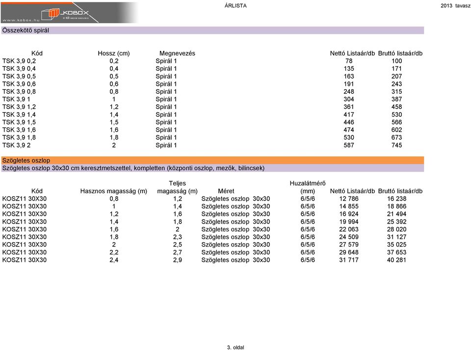 602 TSK 3,9 1,8 1,8 Spirál 1 530 673 TSK 3,9 2 2 Spirál 1 587 745 Szögletes oszlop Szögletes oszlop 30x30 cm keresztmetszettel, kompletten (központi oszlop, mezők, bilincsek) Kód Hasznos magasság (m)