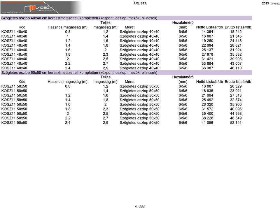 40x40 1,4 1,8 Szögletes oszlop 40x40 6/5/6 22 694 28 821 KOSZ11 40x40 1,6 2 Szögletes oszlop 40x40 6/5/6 25 137 31 924 KOSZ11 40x40 1,8 2,3 Szögletes oszlop 40x40 6/5/6 27 978 35 532 KOSZ11 40x40 2
