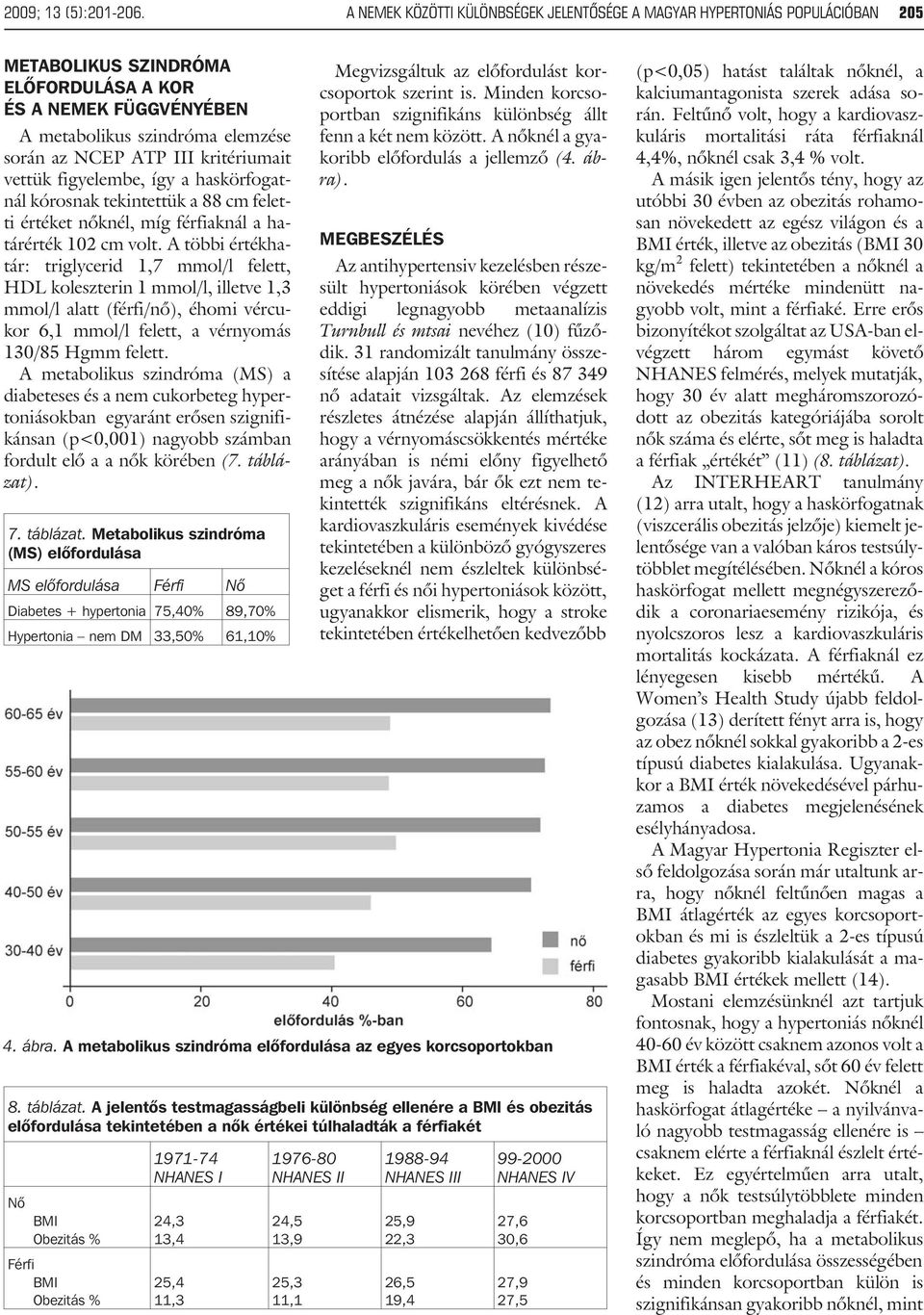 kritériumait vettük figyelembe, így a haskörfogatnál kórosnak tekintettük a 88 cm feletti értéket nõknél, míg férfiaknál a határérték 102 cm volt.