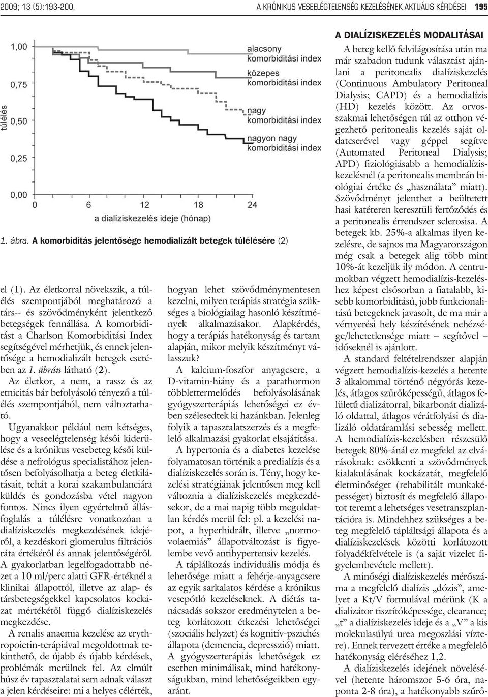 A komorbiditást a Charlson Komorbiditási Index segítségével mérhetjük, és ennek jelentõsége a hemodializált betegek esetében az 1. ábrán látható (2).