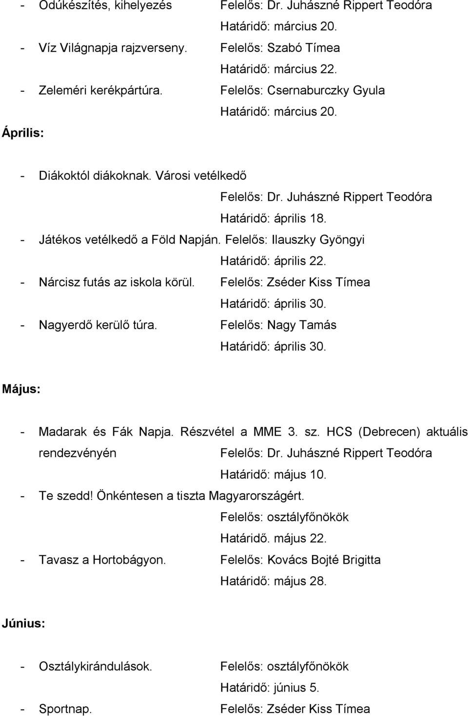 Felelős: Zséder Kiss Tímea Határidő: április 30. - Nagyerdő kerülő túra. Felelős: Nagy Tamás Határidő: április 30. Május: - Madarak és Fák Napja. Részvétel a MME 3. sz.