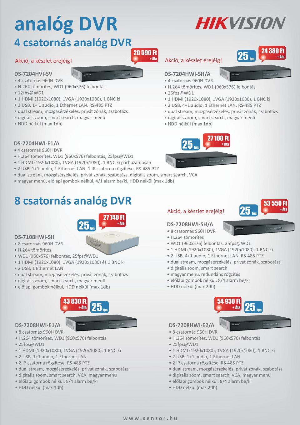 Ethernet LAN, RS-485 PTZ digitális zoom, smart search, magyar menü DS-7204HWI-E1/A 4 csatornás 960H DVR, WD1 (960x576) felbontás, 25fps@WD1 1 HDMI (1920x1080), 1VGA (1920x1080), 1 BNC ki párhuzamosan