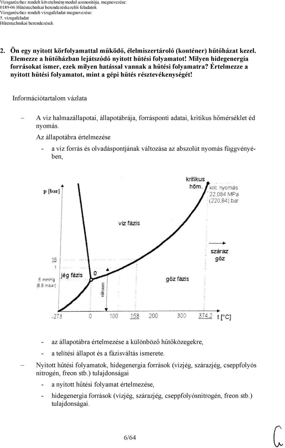 Információtartalom vázlata A víz halmazállapotai, állapotábrája, forrásponti adatai, kritikus hőmérséklet éd nyomás.