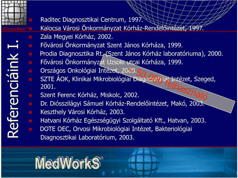 Országos Onkológiai Intézet, 2000. SZTE ÁOK, Klinikai Mikrobiológiai Diagnosztikai Intézet, Szeged, 2001. Szent Ferenc Kórház, Miskolc, 2002. Dr.