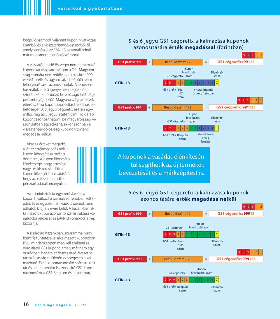 A visszatérítendő összeget nem tartalmazó kuponokat Magyarországon a GS1 Magyarország számára nemzetközileg biztosított 999- es GS1 prefix és ugyancsak a beépülő szám felhasználásával azonosíthatjuk.