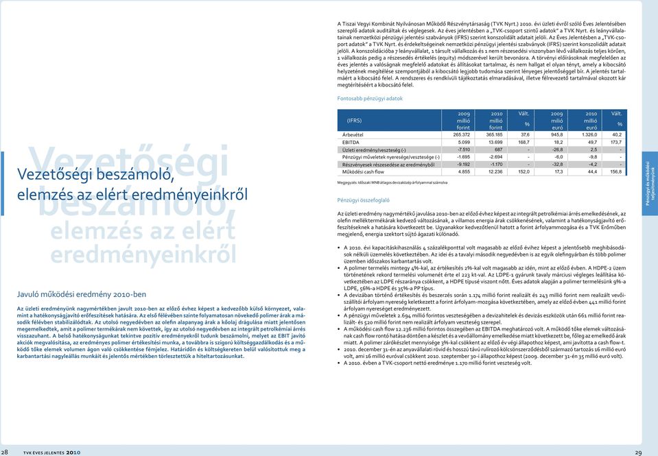 Az Éves Jelentésben a TVK-csoport adatok a TVK Nyrt. és érdekeltségeinek nemzetközi pénzügyi jelentési szabványok (IFRS) szerint konszolidált adatait jelöli.