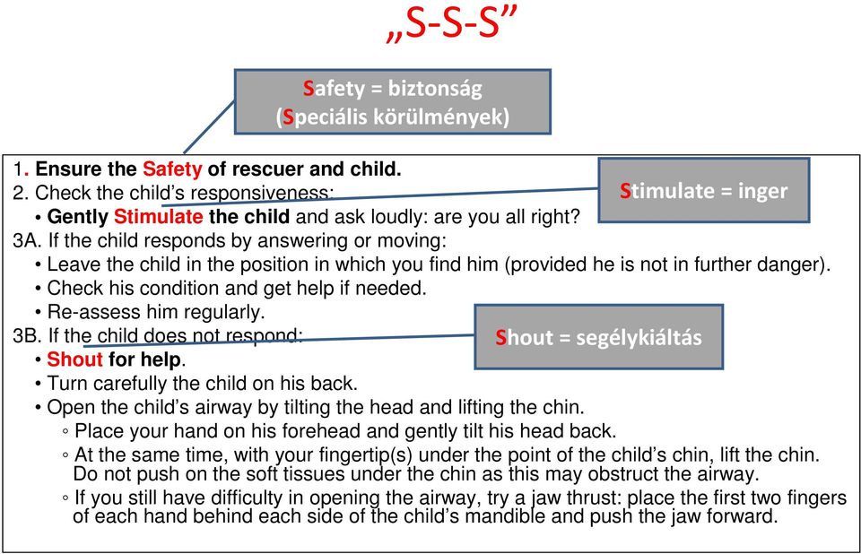 Re-assess him regularly. 3B. If the child does not respond: Shout for help. Turn carefully the child on his back. Open the child s airway by tilting the head and lifting the chin.