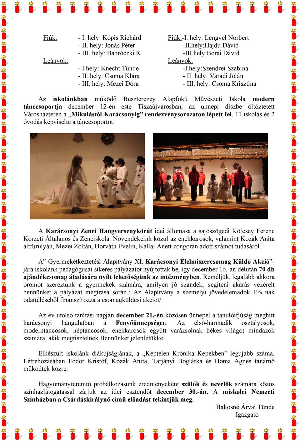 hely: Csoma Krisztina Az iskolánkban működő Beszterczey Alapfokú Művészeti Iskola modern tánccsoportja december 12-én este Tiszaújvárosban, az ünnepi díszbe öltöztetett Városháztéren a Mikulástól