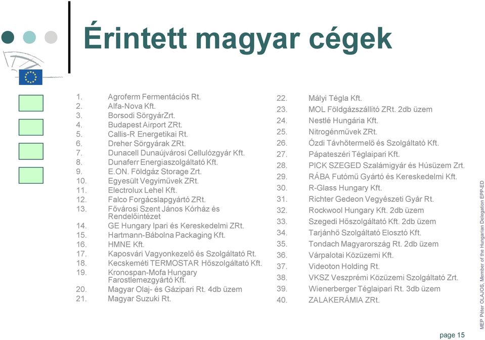 Fővárosi Szent János Kórház és Rendelőintézet 14. GE Hungary Ipari és Kereskedelmi ZRt. 15. Hartmann-Bábolna Packaging Kft. 16. HMNE Kft. 17. Kaposvári Vagyonkezelő és Szolgáltató Rt. 18.