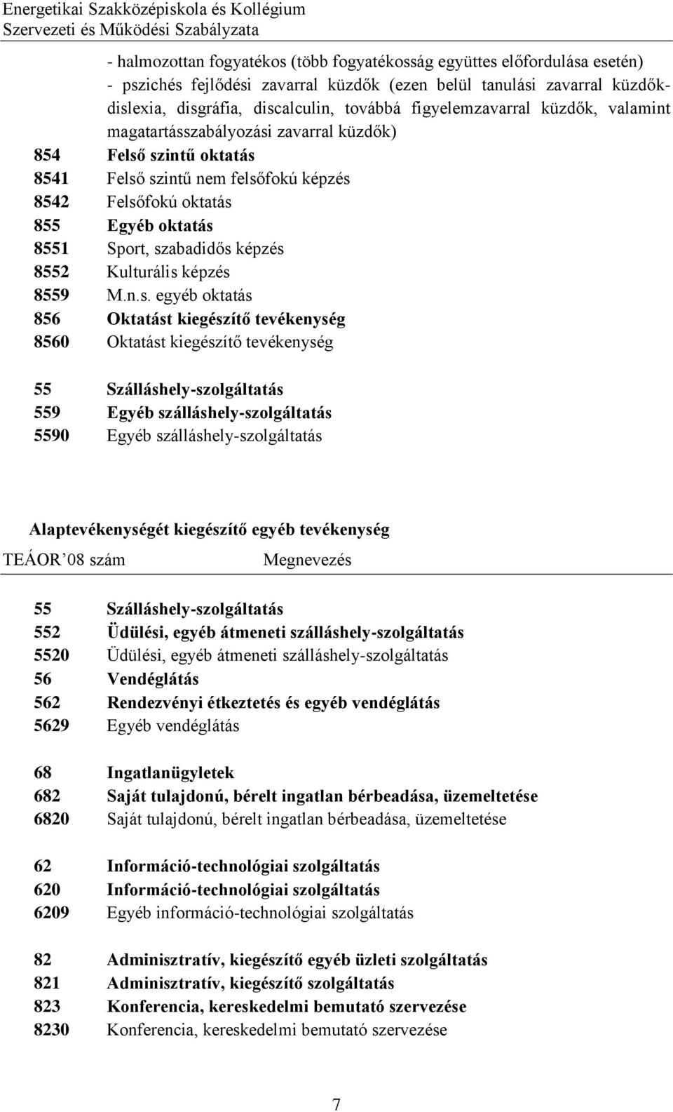 szabadidős képzés 8552 Kulturális képzés 8559 M.n.s. egyéb oktatás 856 Oktatást kiegészítő tevékenység 8560 Oktatást kiegészítő tevékenység 55 Szálláshely-szolgáltatás 559 Egyéb