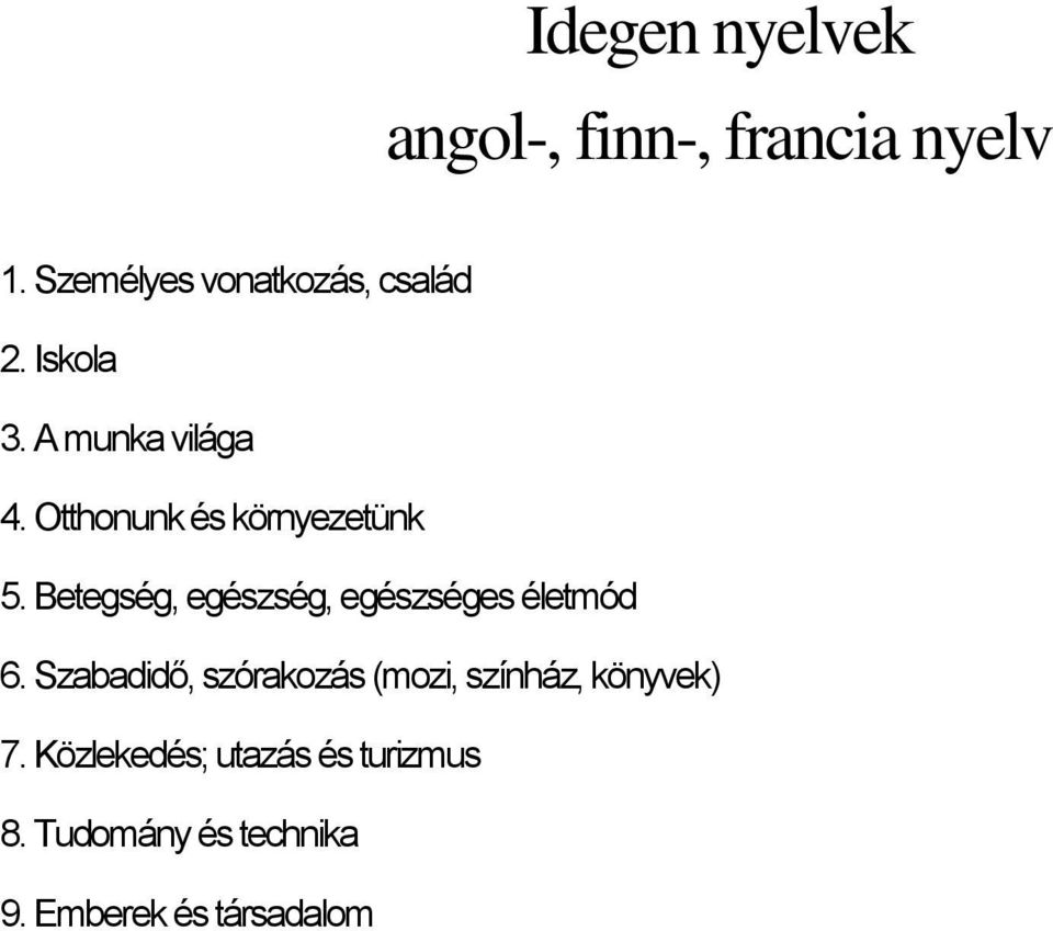 Otthonunk és környezetünk 5. Betegség, egészség, egészséges életmód 6.