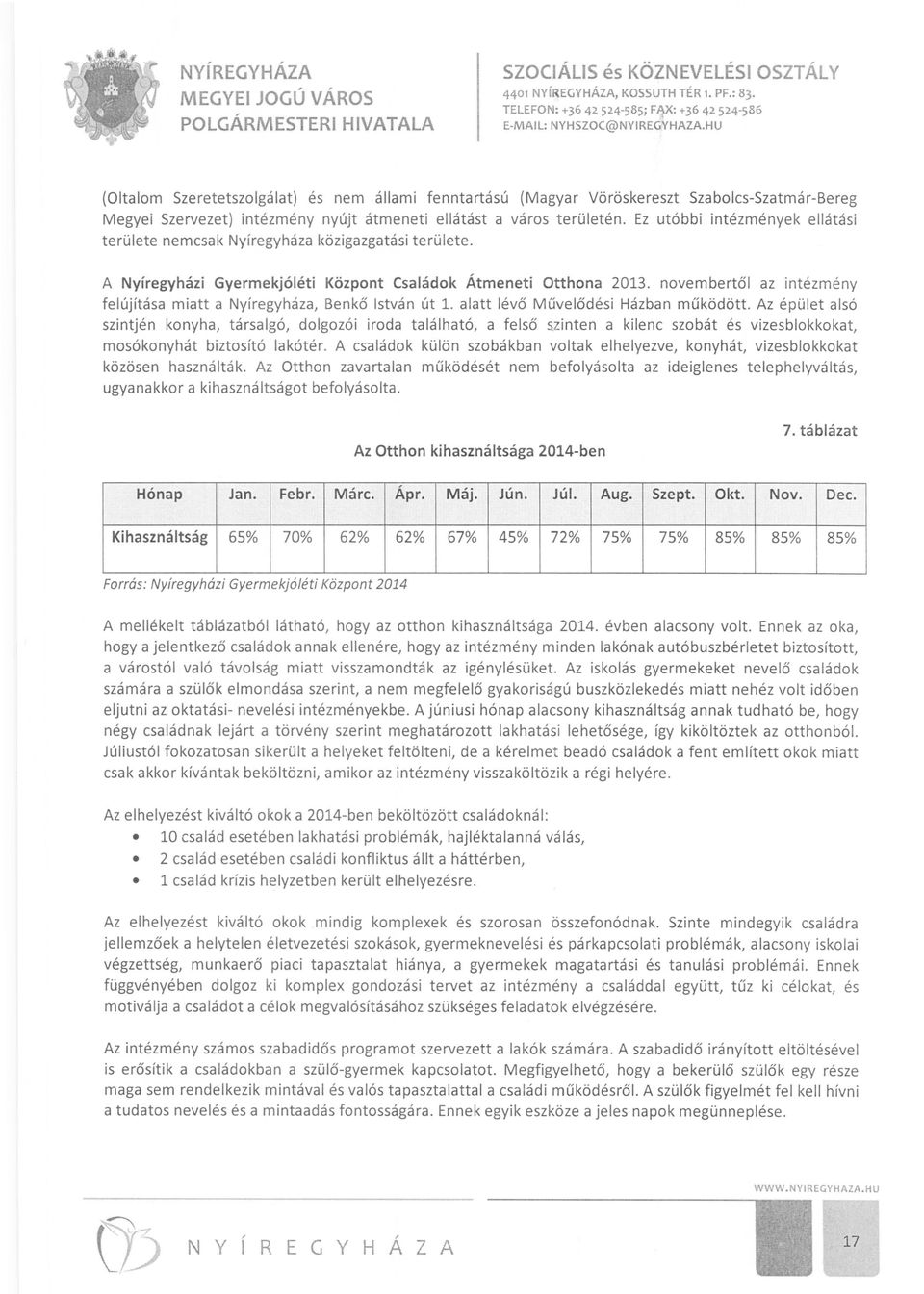 város területén. Ez utóbbi intézmények ellátási területe nemcsak Nyíregyháza közigazgatási területe. A Nyíregyházi Gyermekjóléti Központ Családok Átmeneti Otthona 2013.