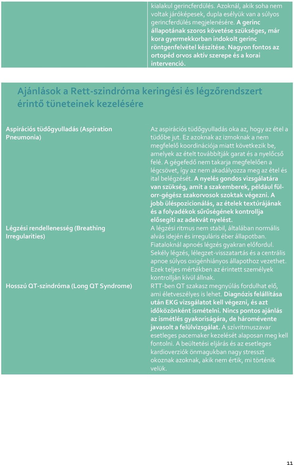 Ajánlások a Rett-szindróma keringési és légzőrendszert érintő tüneteinek kezelésére Aspirációs tüdőgyulladás (Aspiration Pneumonia) Légzési rendellenesség (Breathing Irregularities) Hosszú