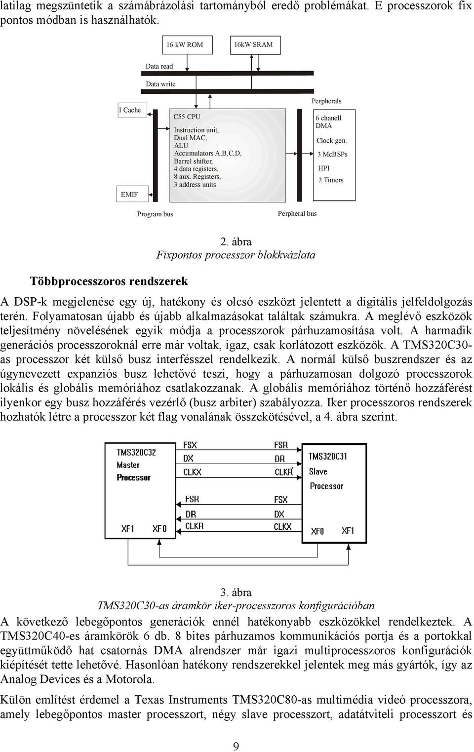 Registers, 3 address units Perpherals 6 chanell DMA Clock gen. 3 McBSPs HPI 2 Timers Program bus Perpheral bus Többprocesszoros rendszerek 2.