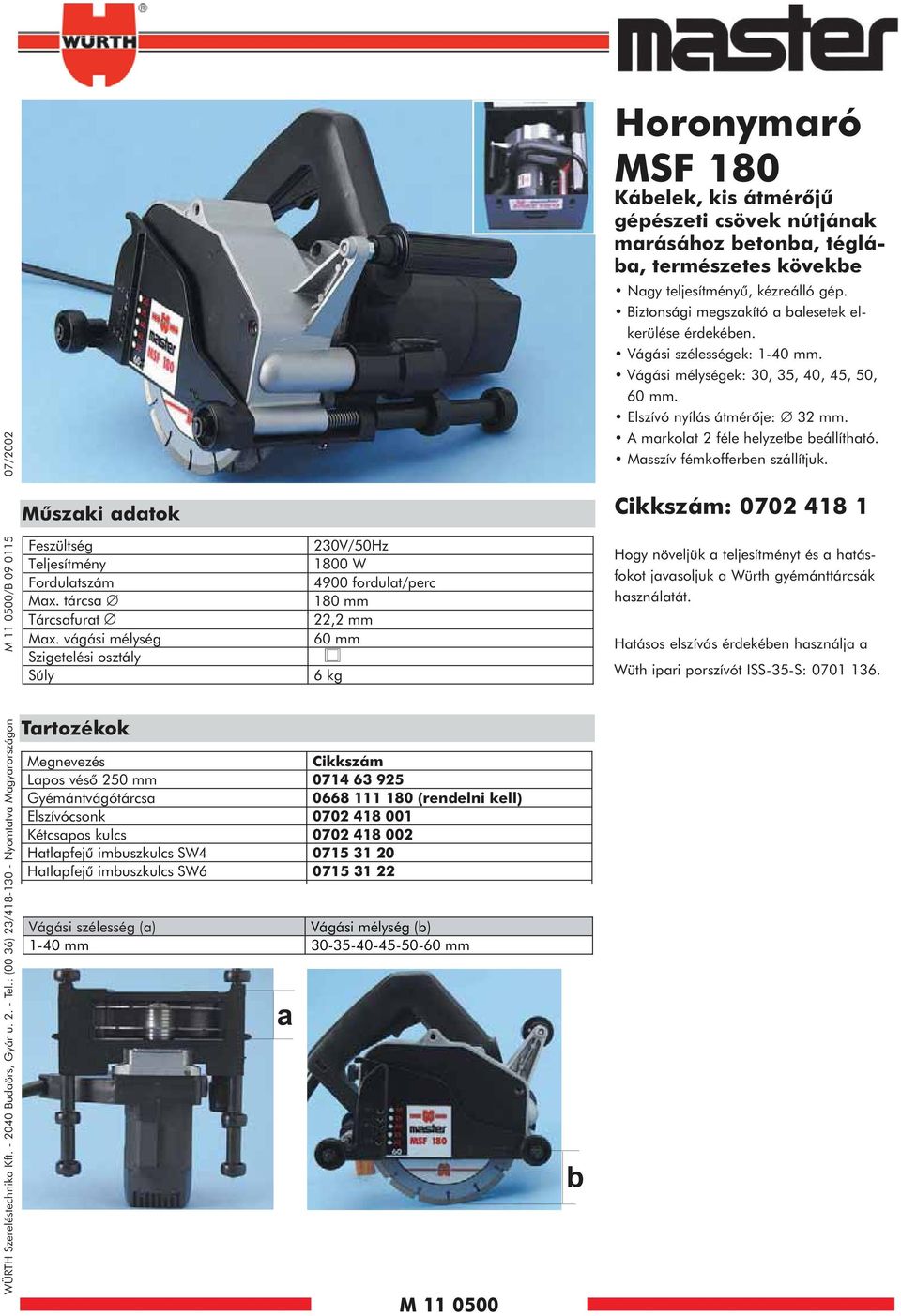 vágási mélység Szigetelési osztály Súly Tartozékok 230V/50Hz 800 W 4900 fordulat/perc 80 mm 22,2 mm 60 mm 6 kg Megnevezés Lapos vésõ 250 mm 074 63 925 Gyémántvágótárcsa 0668 80 (rendelni kell)