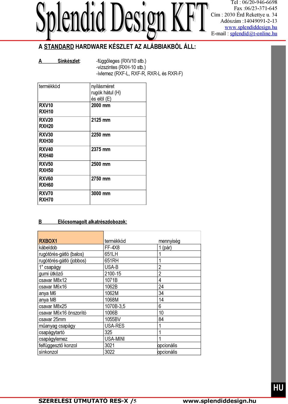 mm B Előcsomagolt alkatrészdobozok: RXBOX kábeldob rugótörés-gátló (balos) rugótörés-gátló (jobbos) " csapágy gumi ütköző csavar M8x csavar M6x6 anya M6 anya M8 csavar M8x5 csavar M6x6 önszorító