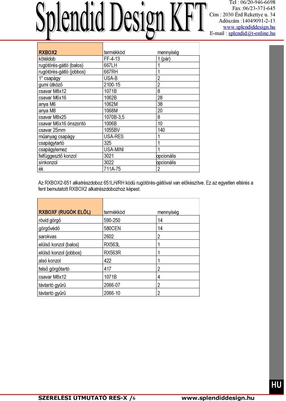 opcionális Az RXBOX-65 alkatrészdoboz 65LH/RH kódú rugótörés-gátlóval van előkészítve. Ez az egyetlen eltérés a fent bemutatott RXBOX alkatrészdobozhoz képest.