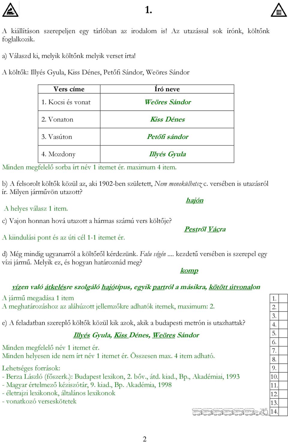 Mozdony Illyés Gyula Minden megfelelı sorba írt név 1 itemet ér. maximum 4 item. b) A felsorolt költık közül az, aki 1902-ben született, Nem menekülhetsz c. versében is utazásról ír.