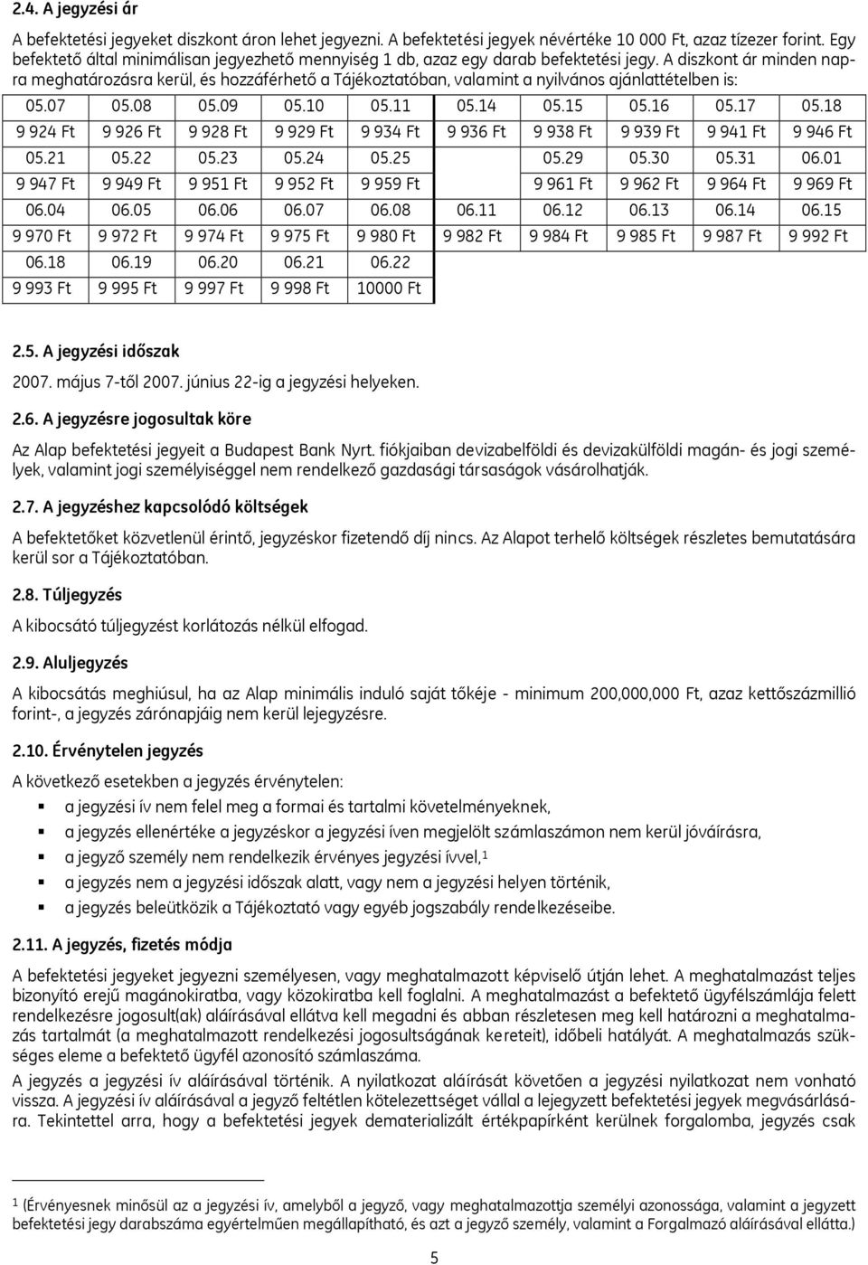 A diszkont ár minden napra meghatározásra kerül, és hozzáférhető a Tájékoztatóban, valamint a nyilvános ajánlattételben is: 05.07 05.08 05.09 05.10 05.11 05.14 05.15 05.16 05.17 05.