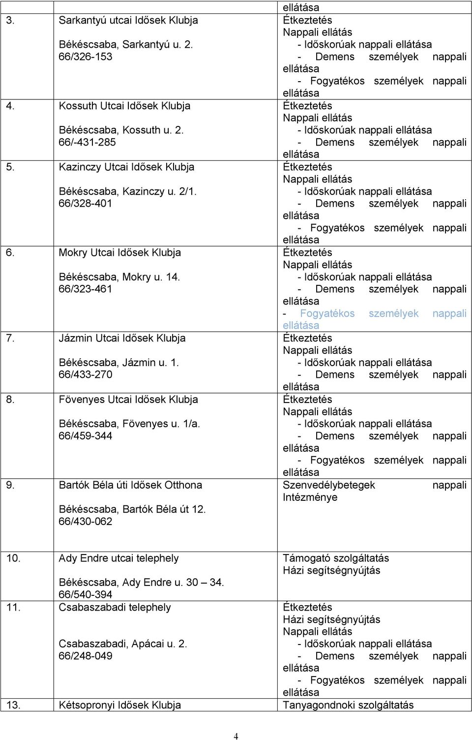 Fövenyes Utcai Idősek Klubja Békéscsaba, Fövenyes u. 1/a. 66/459-344 9. Bartók Béla úti Idősek Otthona Békéscsaba, Bartók Béla út 12.