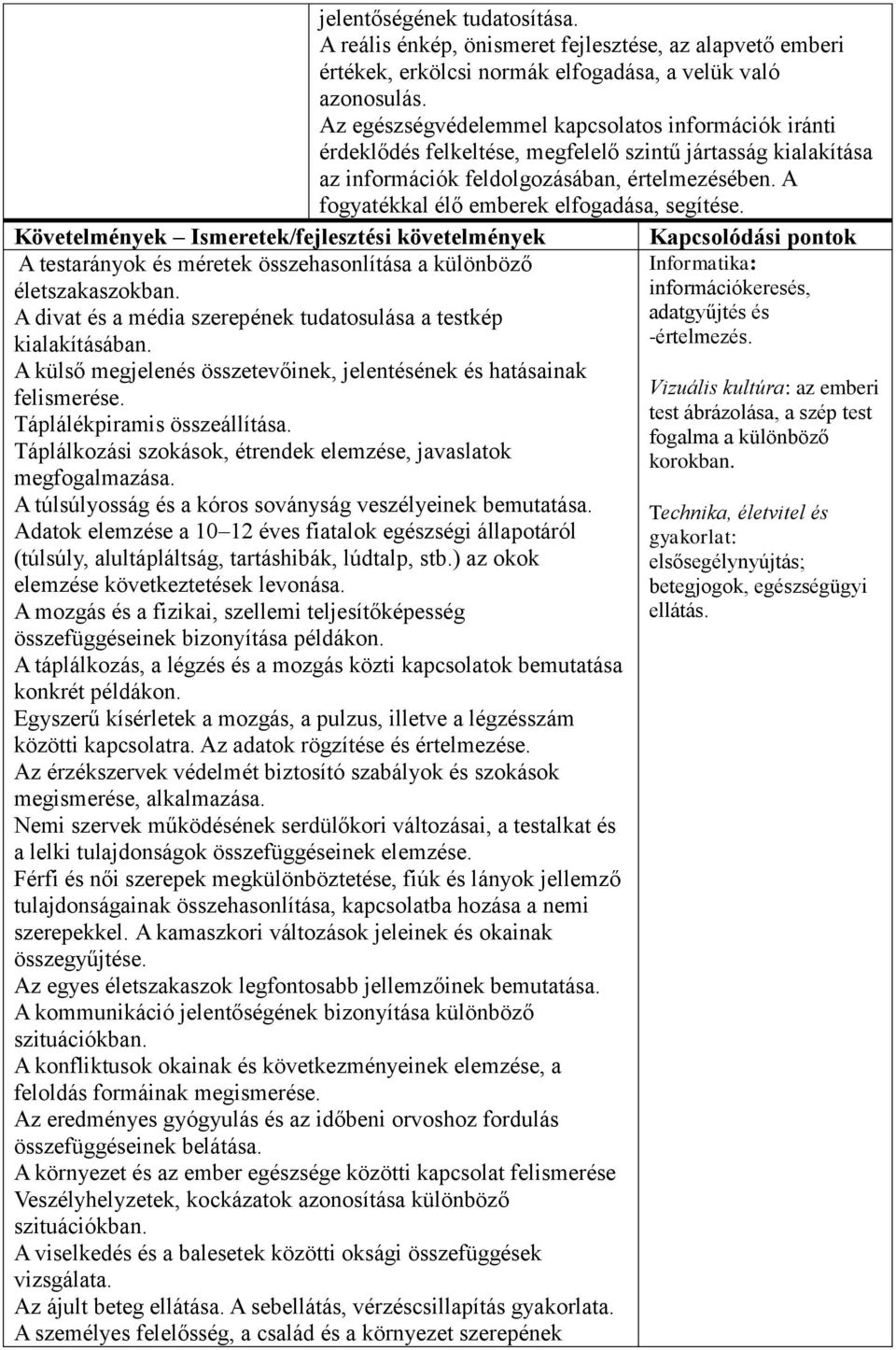 A fogyatékkal élő emberek elfogadása, segítése. Követelmények Ismeretek/fejlesztési követelmények A testarányok és méretek összehasonlítása a különböző életszakaszokban.