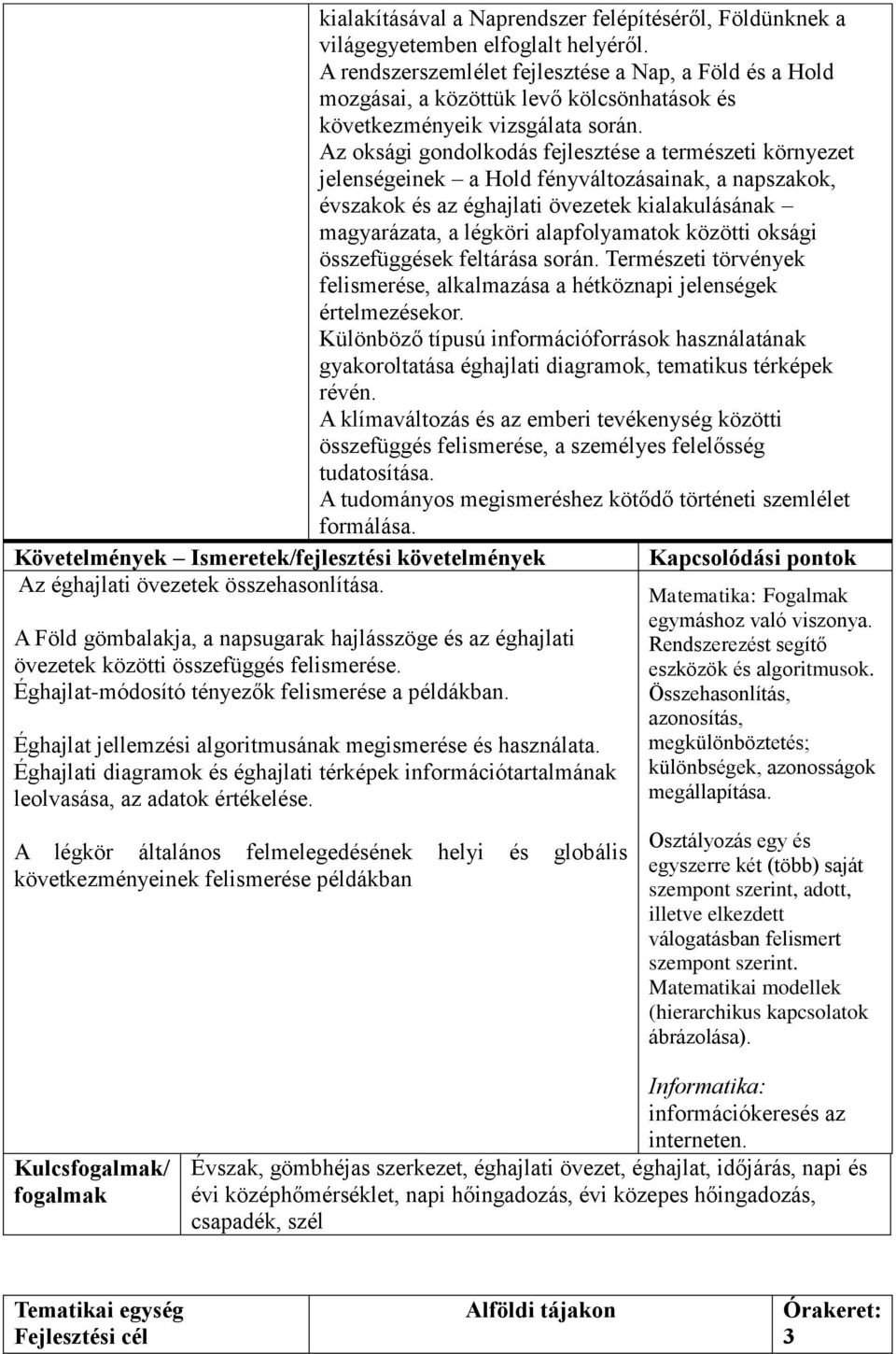 Az oksági gondolkodás fejlesztése a természeti környezet jelenségeinek a Hold fényváltozásainak, a napszakok, évszakok és az éghajlati övezetek kialakulásának magyarázata, a légköri alapfolyamatok