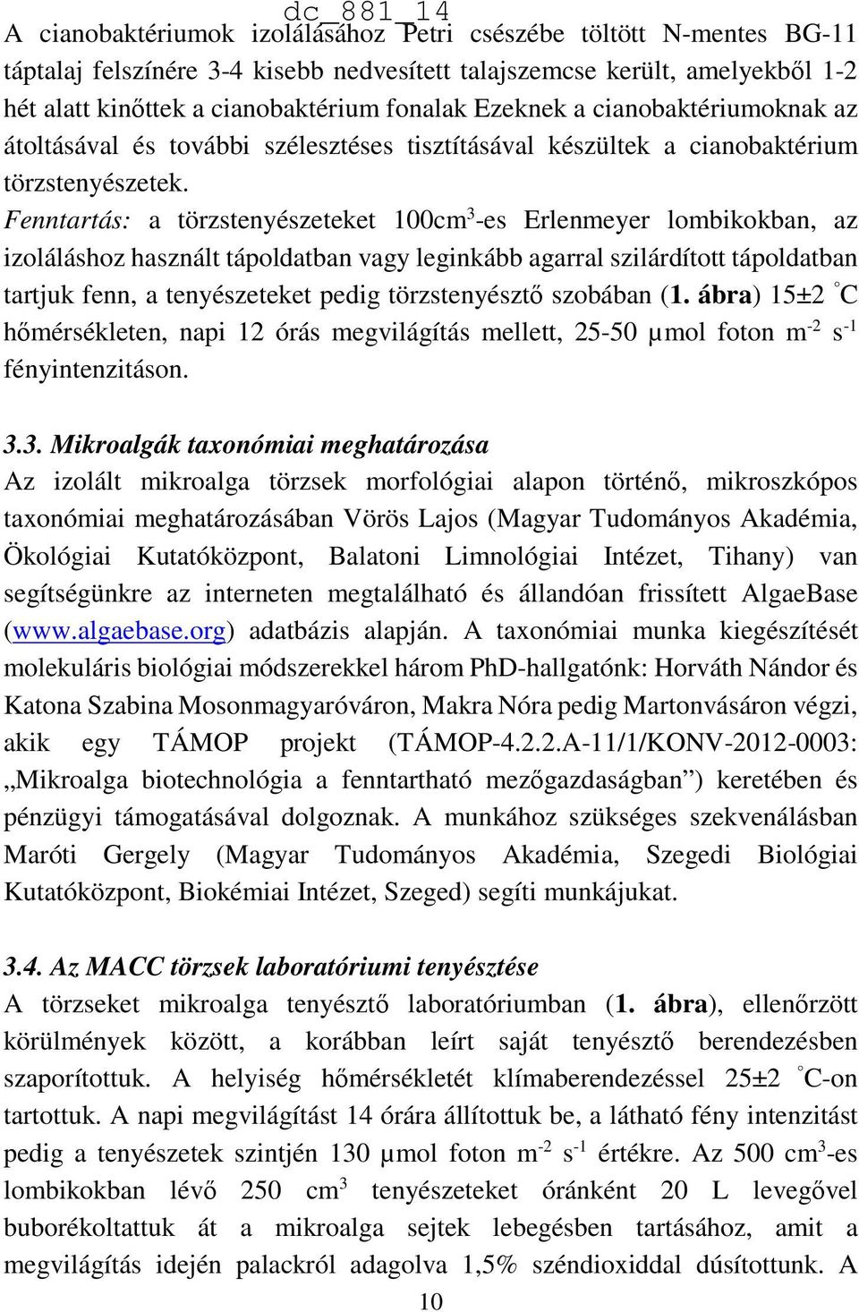 Fenntartás: a törzstenyészeteket 100cm 3 -es Erlenmeyer lombikokban, az izoláláshoz használt tápoldatban vagy leginkább agarral szilárdított tápoldatban tartjuk fenn, a tenyészeteket pedig