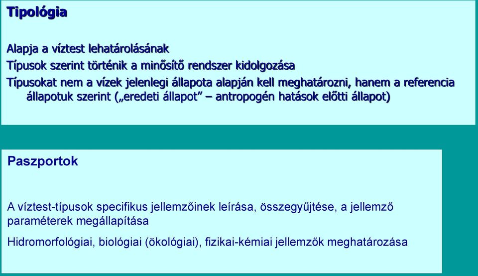 antropogén hatások előtti állapot) Paszportok A víztest-típusok specifikus jellemzőinek leírása, összegyűjtése,